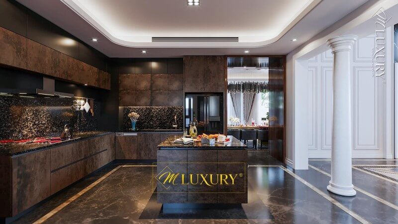 . Tủ bếp và tủ bếp đảo hiện đại có một bề mặt được ốp đá nhân tạo cao cấp màu đen, giúp tăng cường sự sang trọng và tiện nghi trong quá trình nấu nướng. Điều này cũng giúp cho việc dọn dẹp và vệ sinh dễ dàng hơn.